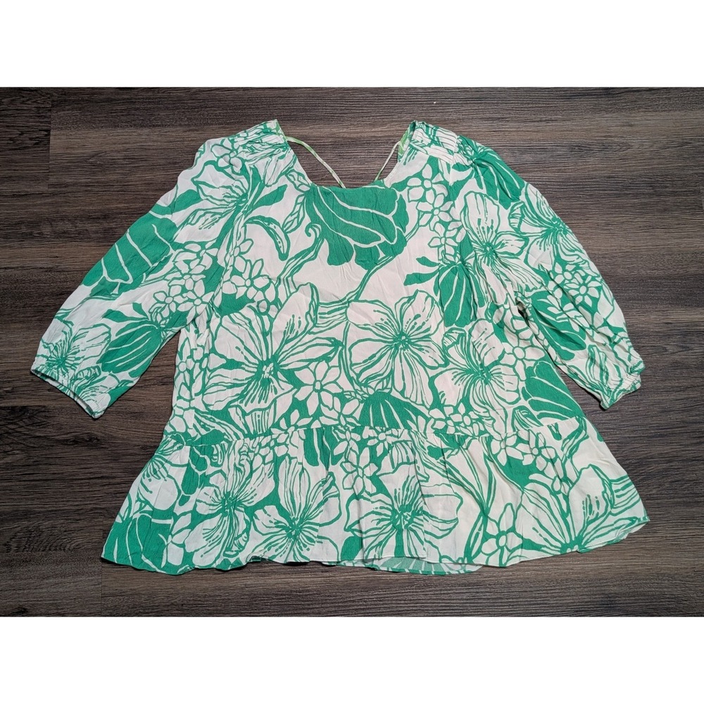 Lilly Aranea Spearmint Blouse 3/4 Sleeve Size XL Green White Floral V-Neck